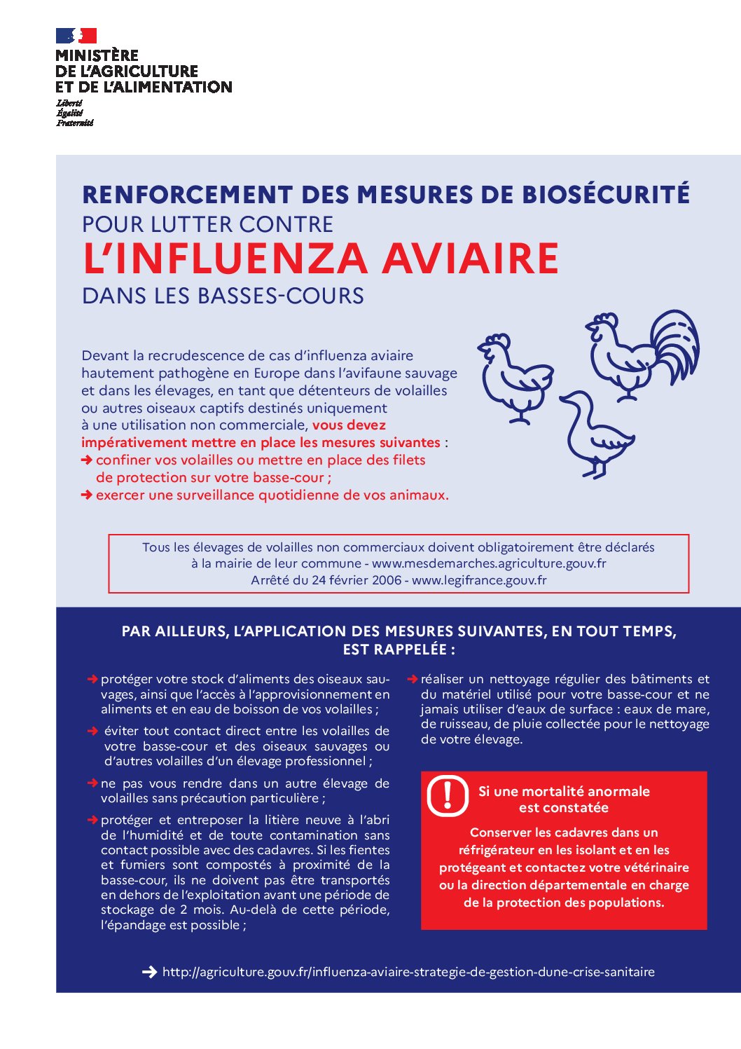 Arrêté préfectoral du 12 août 2022 – Renforcement des mesures de biosécurité pour lutter contre l’influenza aviaire dans les basses-cours